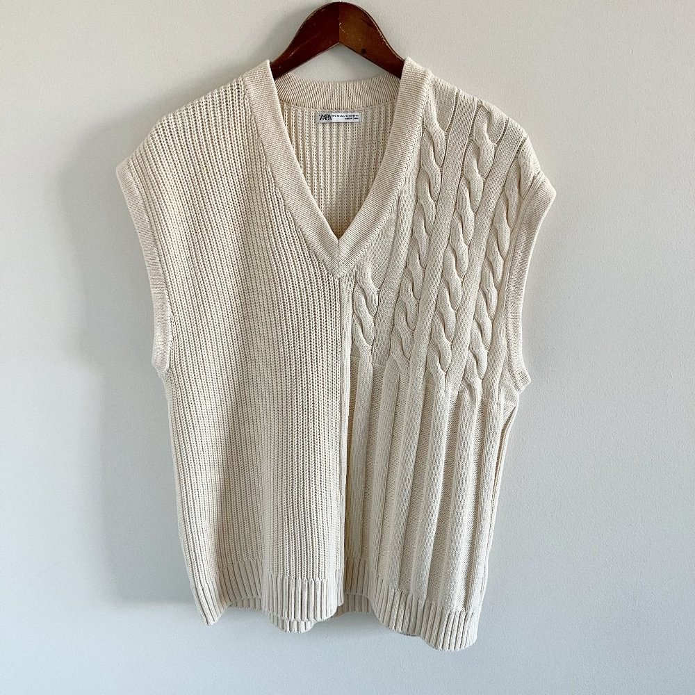 Zara Chunky Knit V-Neck Sweater Vest L / XL Academia Collegiate 100% Cotton